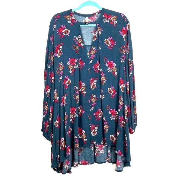 Free People Green Jade Retro Floral Swing Tunic Mini Dress Size Small - Picture 2 of 9